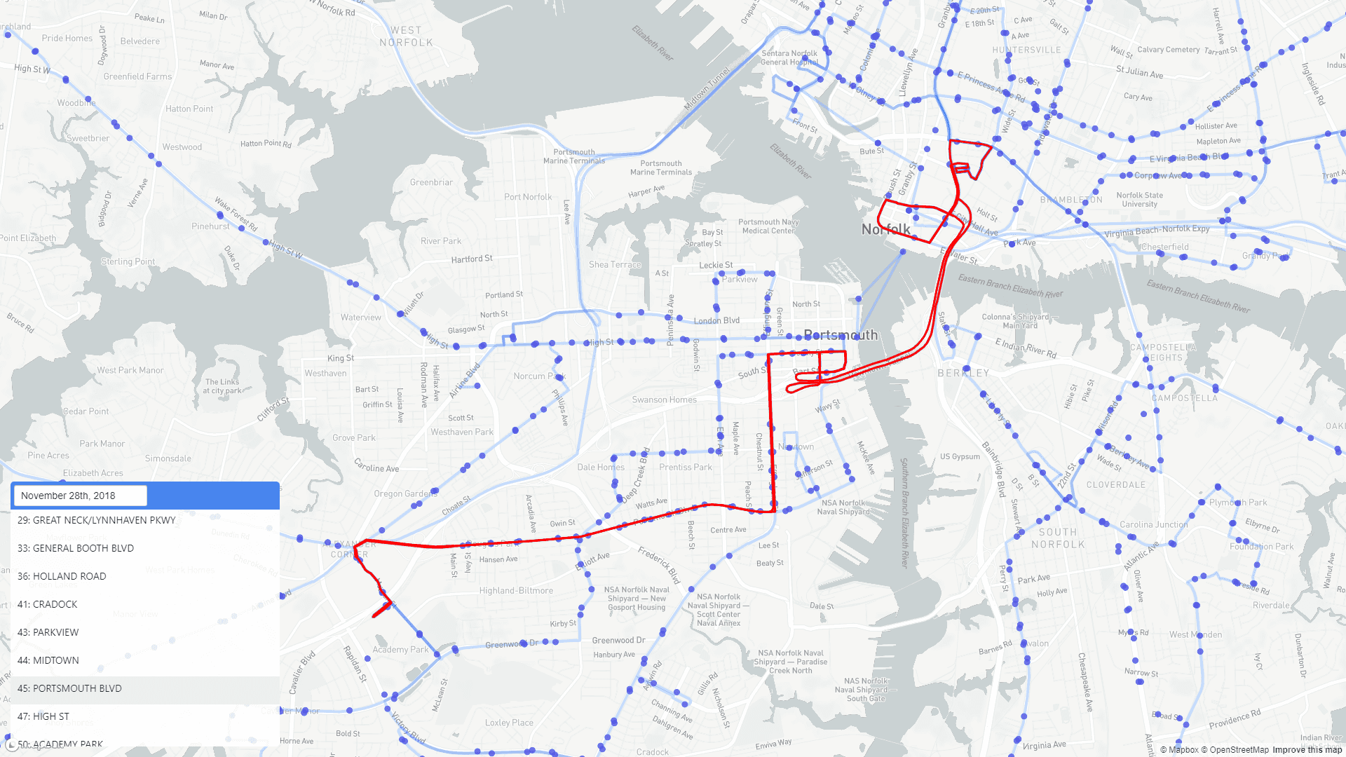 Map centered on Portsmouth, VA with a bus route highlighted